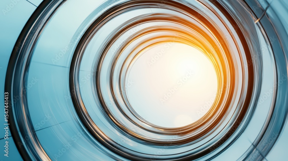 Poster an abstract image showcasing a circular glass tunnel illuminated by warm sunlight, creating a stunni
