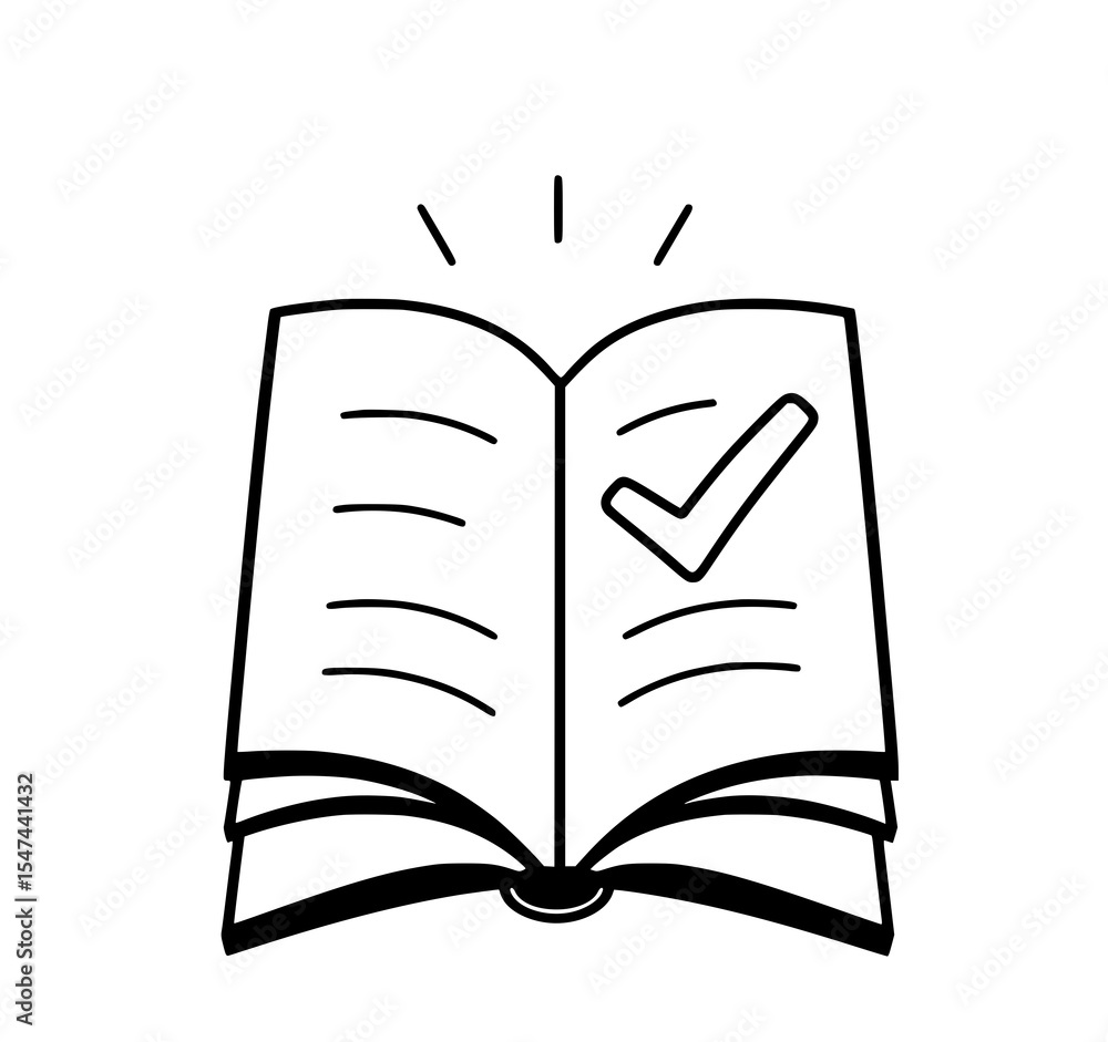 Poster open book with check mark: a simple line art illustration depicts an open book with a prominent chec