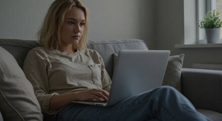 Obraz premium Young Woman Working From Home on Laptop, Cozy Atmosphere