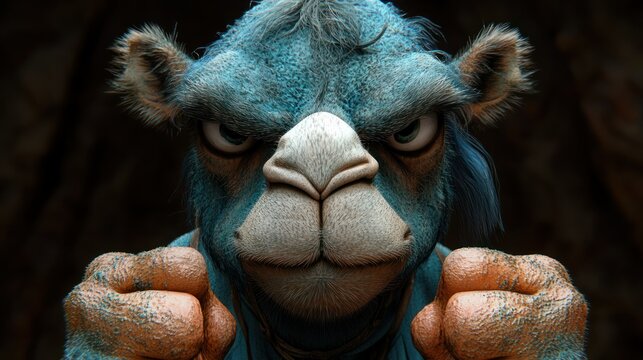 Angry blue camel, fists clenched, intense stare