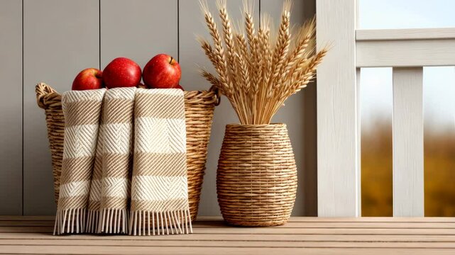 Cozy autumn porch with apples and wheat baskets in gentle breeze
