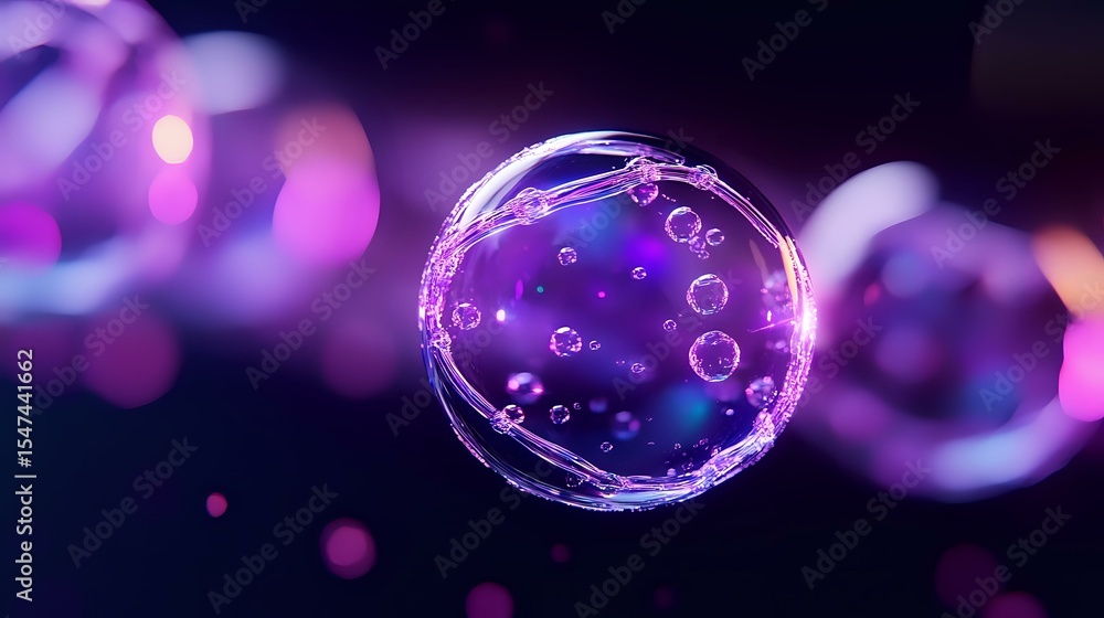 Poster luminous soap bubble floating in dark space with purple and pink bokeh lights creating magical atmos
