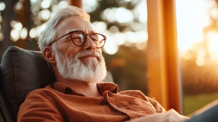 A relaxed elderly man sitting in a chair with a serene smile, basking in the natural light of a warm sunset, representing peace and contentment in later years.