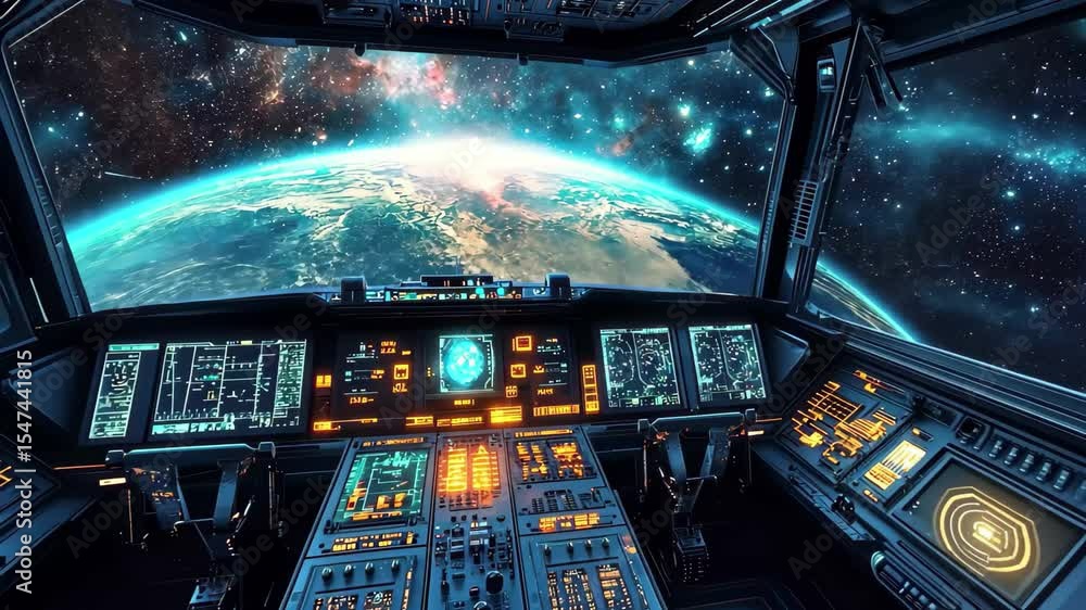 Poster expansive view from spaceship cockpit showing earth and distant galaxies, spaceship cockpit with exp