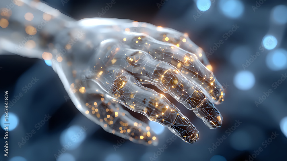 Poster glowing transparent hand with magical golden sparkles floating against blurred blue bokeh background