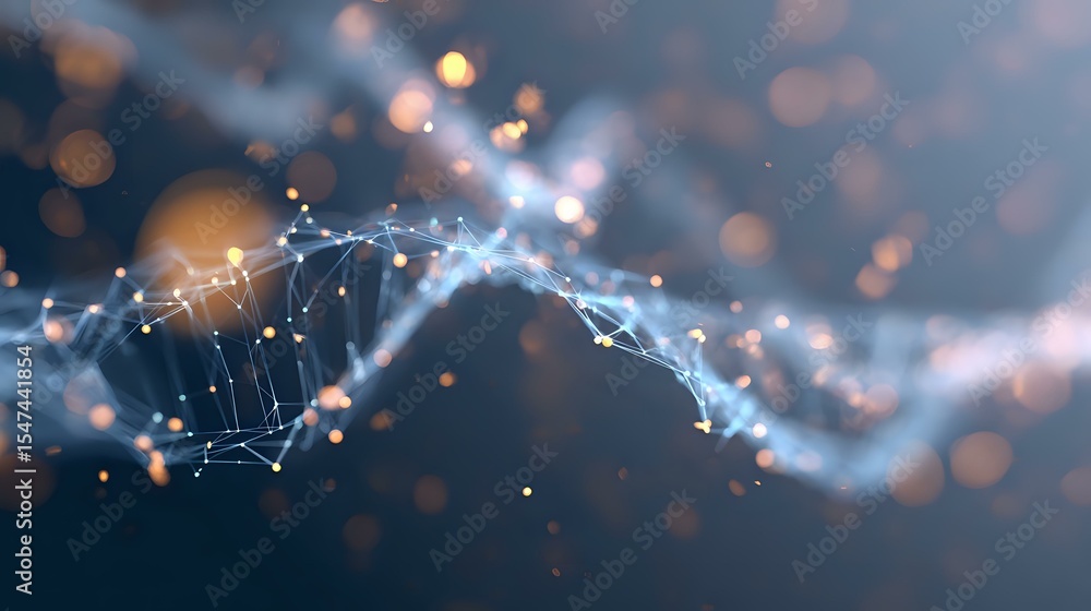 Poster abstract network of glowing dots and lines connected in futuristic pattern against dark background w