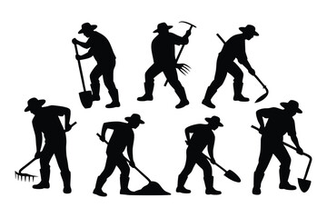 Silhouettes of Farmers Working with Shovels, Rakes, and Hoes in Fields, Black and White