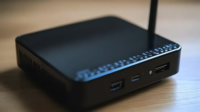 Black Mini PC on Wooden Table, Wireless Antenna