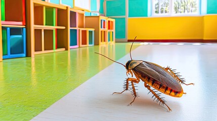 A large brown cockroach crawls on a colorful classroom floor. The room features bright green and yellow walls with wooden shelves in various colors.