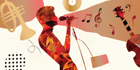 Colorful Jazz Singer and Musical Instruments Abstract Vector Illustration