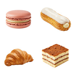 A range of baked goods including macarons, croissants, eclairs and tiramisu  