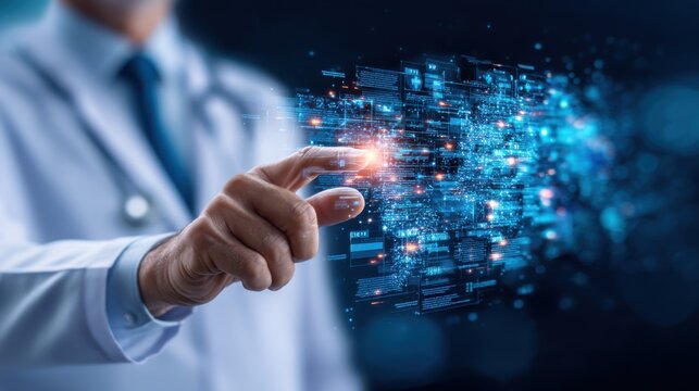 A person in business attire interacts with a digital interface displaying futuristic data and holographic technology elements.