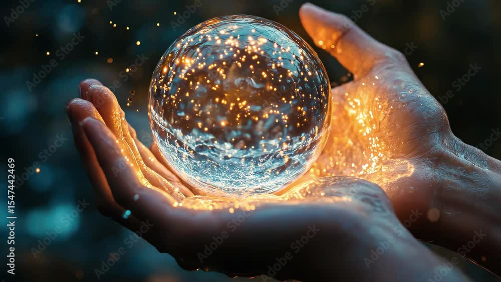 Poster mysterious floating orb of water held between glowing hands in enchanting setting, mysterious floati