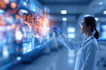 A scientist in a lab coat interacts with a futuristic digital interface displaying complex data and analytics in a high-tech laboratory setting.