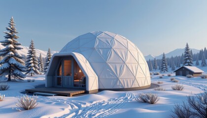 Climate adaptation concept. Modern geodesic dome in a snowy landscape with pine trees.