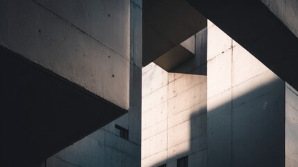 Obraz premium Abstract architecture, close-up of a building's exterior wall, sharp edges, geometric shapes, high-contrast lighting, cool tones, sharp shadows, architectural photography, modern cityscape background.