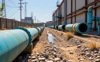 Climate adaptation concept. Industrial pipes lined in a dry, rocky environment under clear skies.