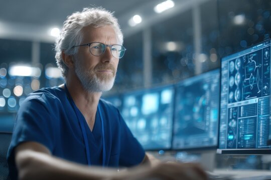 A focused male doctor with glasses analyzes digital medical scans on multiple monitors in a high-tech clinical setting.