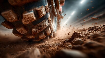 A close up view of a pair of durable hiking boots leaving prints in the dirt and mud as they traverse a challenging rocky trail in the great outdoors