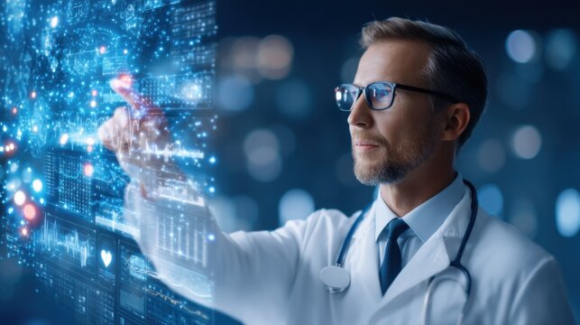A male doctor in glasses interacts with a futuristic digital interface displaying medical data and analytics in a high-tech healthcare environment.