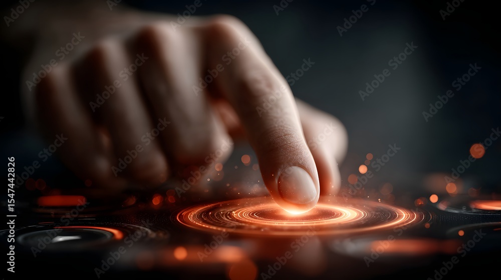Poster close up of a hand interacting with a glowing futuristic digital interface showcasing the power of a
