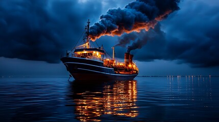 Fototapeta premium Illuminated Cargo Ship at Dusk emitting smoke on dark blue water vessel