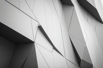 Abstract architecture, close-up of a building's exterior wall, sharp edges, geometric shapes, high-contrast lighting, cool tones, sharp shadows, architectural photography, modern cityscape background.