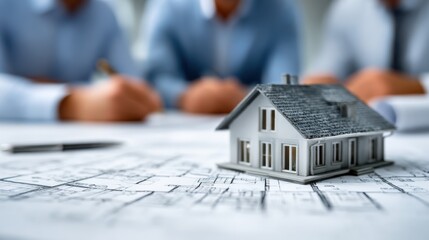 Model house on blueprints during a real estate discussion in an office setting