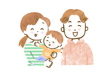 赤ちゃんを抱っこするお母さんとお父さんの家族イラスト（笑顔・上半身）
