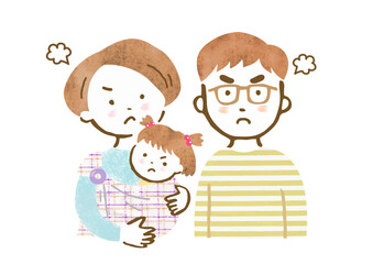 赤ちゃんをスリングで抱っこするお母さんとお父さんの家族イラスト（怒った顔・上半身）