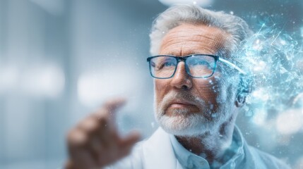 A focused elderly man with glasses interacts with a digital hologram, symbolizing advanced technology and futuristic innovation.