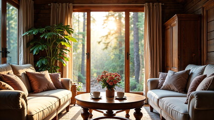 Cozy home interior coffee break concept. Two coffee cups on an elegant wooden table with a bouquet of flowers. Morning sunlight shining softly through the window. AI