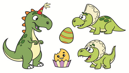 Naklejka premium Cute cartoon green dinosaurs celebrating a birthday party with a T-Rex in a party hat, happy Triceratops, hatching baby dinosaurs, and decorative eggs. Kids illustration.