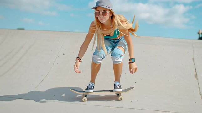 A female skater performs a trick on her skateboard