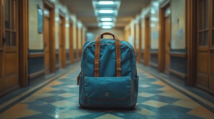 Backpack positioned in a quiet school hallway reflecting a calm atmosphere during late afternoon