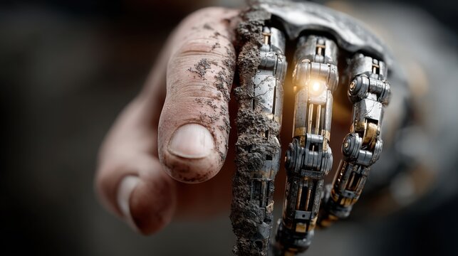 Intricate robotic hand covered in dirt reaching out towards the viewer in a futuristic landscape
