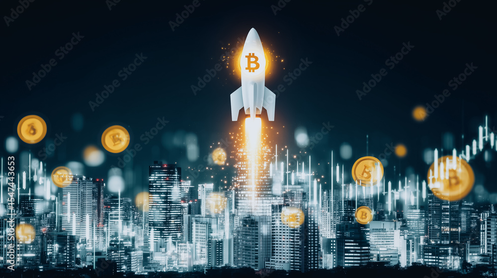 Poster bitcoin rocket ascent: a dynamic visual capturing the upward trajectory of a bitcoin rocket launchin