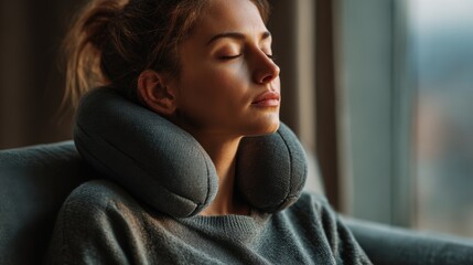 Woman resting peacefully in a cozy chair with neck pillow near a window during sunset