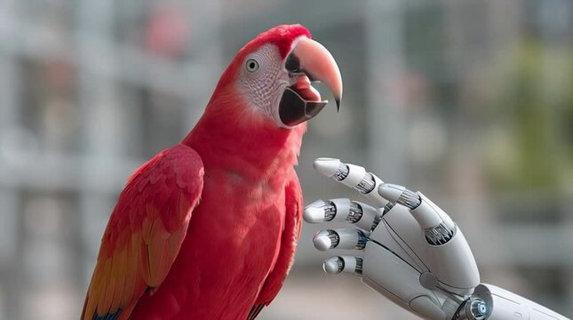 Stochastic parrot video with a colorful bird singing to a robot hand
