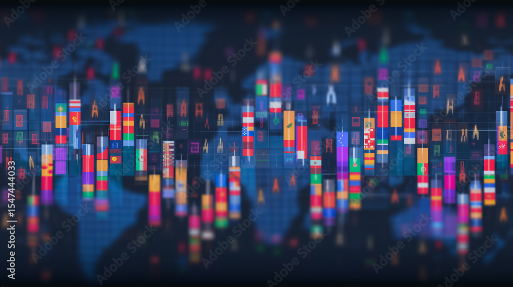 Poster global economic data visualization: the image showcases a dynamic representation of worldwide financ