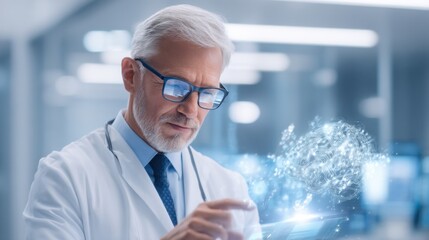 A senior male scientist or doctor wearing glasses and a lab coat interacts with a digital holographic brain model in a high-tech lab environment.