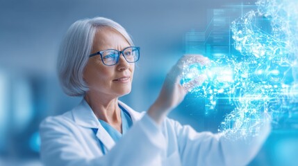 A senior female scientist wearing glasses interacts with a digital holographic brain model in a futuristic lab setting.