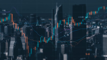 Naklejka premium Navigating Market Dynamics: A dynamic cityscape backdrop frames an illustrative graph of financial trends, visually narrating the fluctuations of the economy.