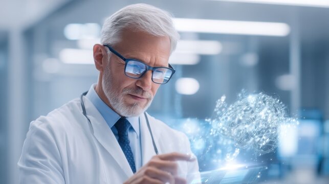 A senior male scientist or doctor wearing glasses and a lab coat interacts with a digital holographic brain model in a high-tech lab environment.