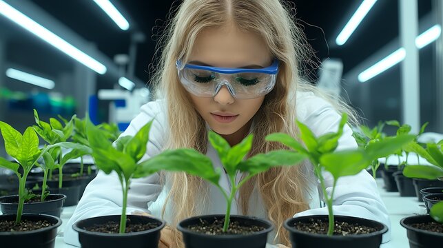 Blonde female scientist in lab coat examining young plants in pots She wears safety goggles - Powered by Adobe