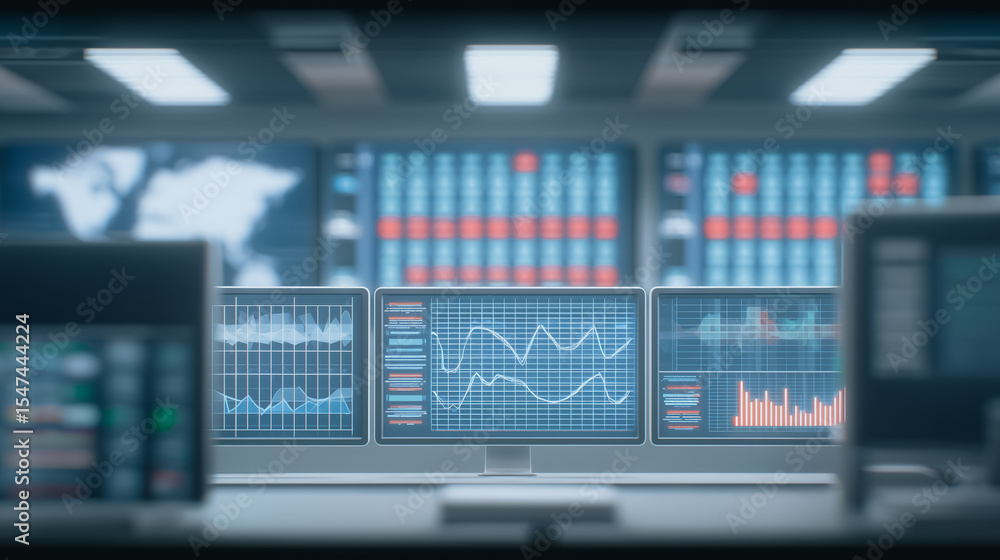 Poster financial data dashboard: a modern financial data dashboard, with monitors displaying dynamic charts