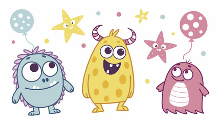 Obraz premium Three cute cartoon monsters in pastel colors, a blue one with a balloon, a yellow one, and a pink one with a balloon, with smiling starfish. Whimsical vector art.