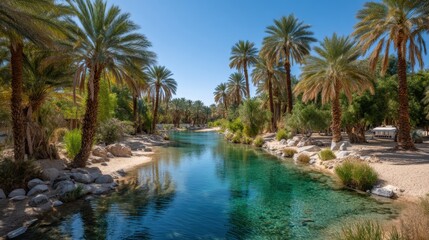 Obraz premium Exploring the Clear Waters of a Vibrant Desert Oasis Surrounded by Lush Palm Trees and Nature's Beauty
