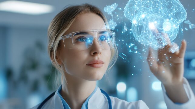 A female scientist wearing protective glasses interacts with a futuristic digital brain hologram in a high-tech laboratory setting.