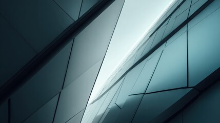 Fototapeta premium Abstract architecture, close-up of a building's exterior wall, sharp edges, geometric shapes, high-contrast lighting, cool tones, sharp shadows, architectural photography, modern cityscape background.